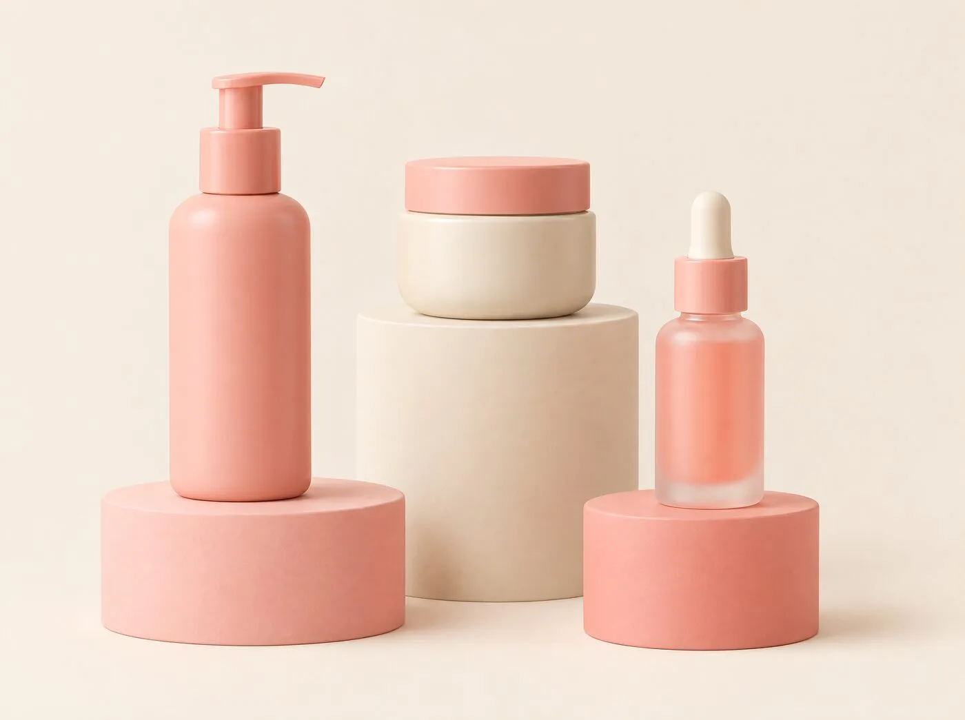 A pump bottle, a cream jar and a dropper bottle in soft pink and cream, standing on pedestals of different heights