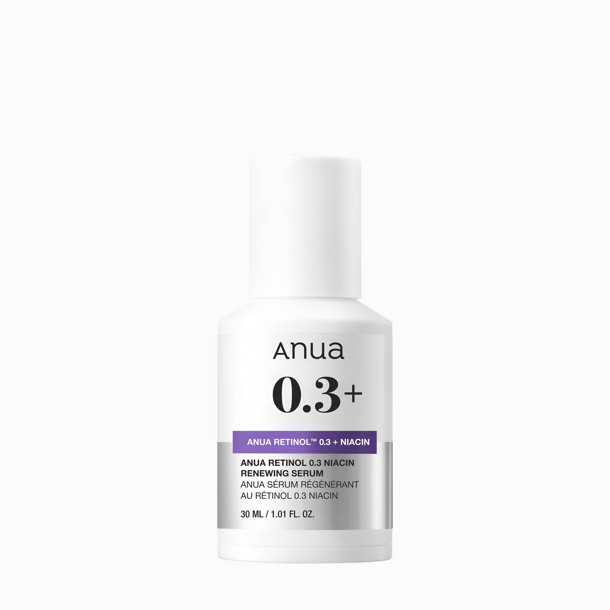 Anua Nano Retinol 0.3% + Niacin Renewing Serum, a 30 ml white pump bottle