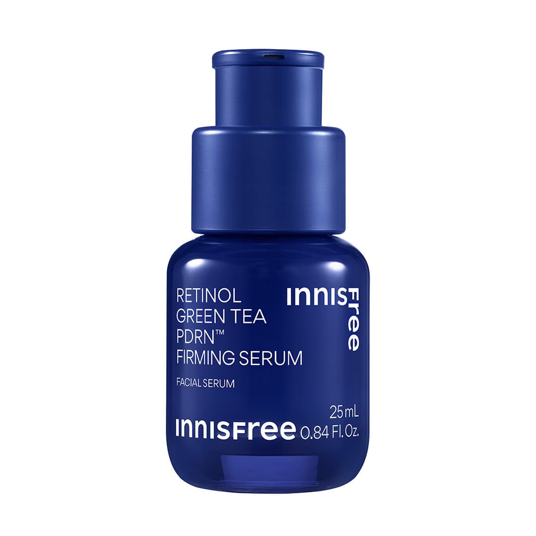 Innisfree Retinol Green Tea PDRN Firming Serum, a 25 ml navy pump bottle